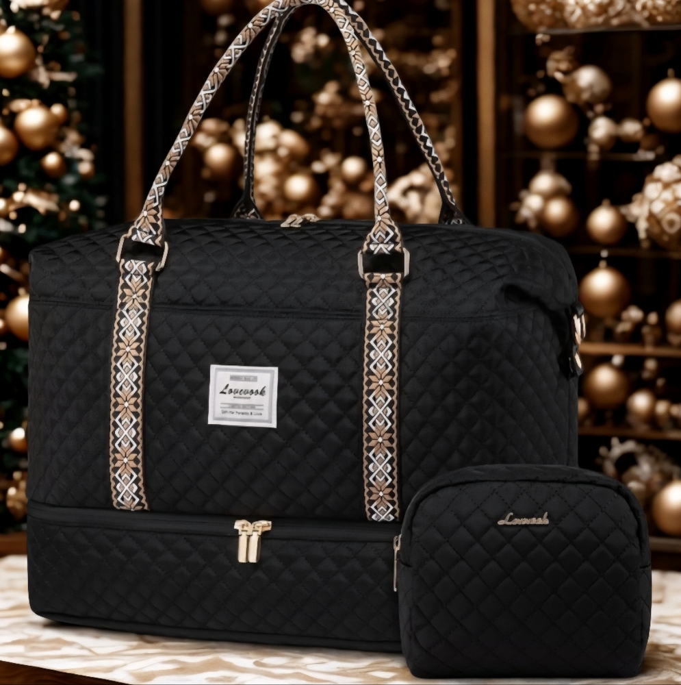Nook Black Quilted Travel Bag with Patterned Straps and Matching Pouch